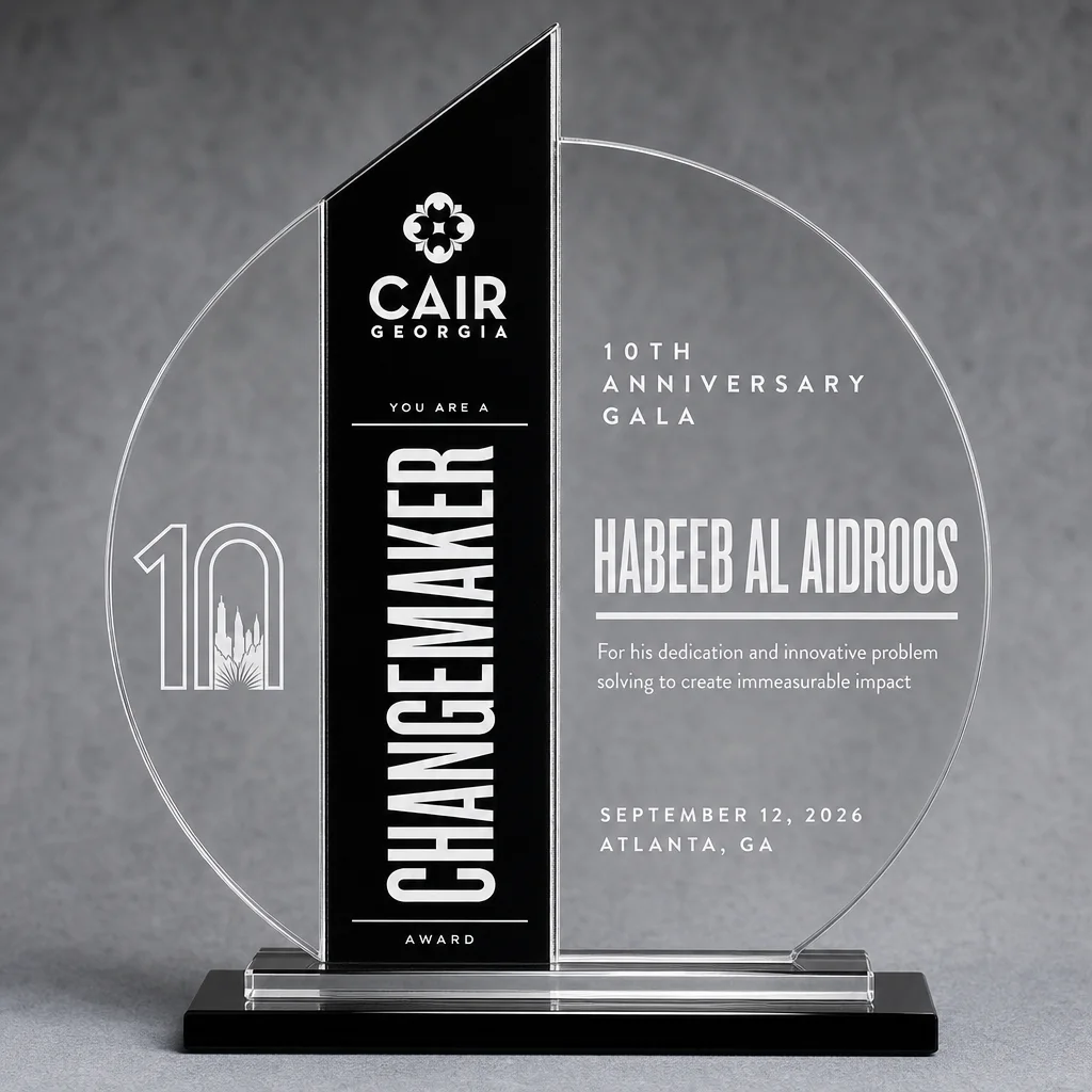 The Changemaker Award trophy for Habeeb Al Aidroos